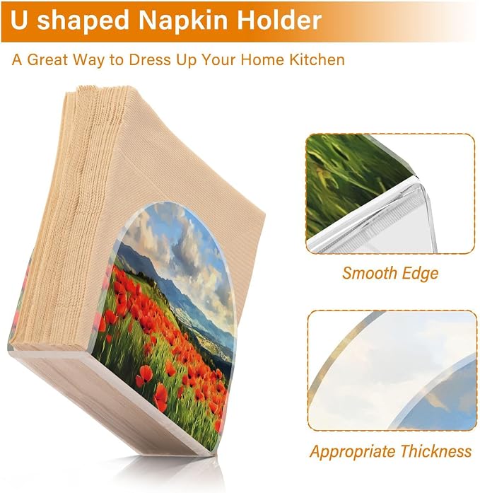 Oil Painting Poppy Flower Field Red and Green Napkin Holder for Table Acrylic Vertical Napkin Holders for Paper Napkins Decor Napkin Dispenser for Home Dining Cocktail Kitchen Accessories, 2 Pack