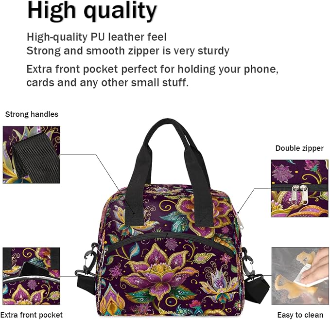 Pardick Ethnic Flower Purple Insulated Lunch Bag for Women Girl Reusable Lunch Tote Box With Shoulder Strap Lightweight Thermal Cooler Meal Prep Bag for Work School Office Picnic