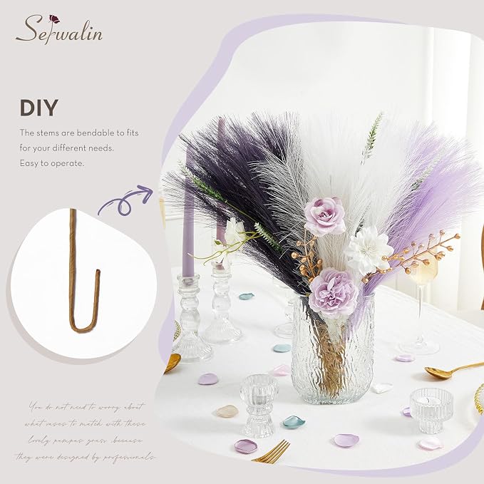 Serwalin 𝟲𝟬𝗽𝗰𝘀 Pampas Grass Decor, 𝟭𝟳.𝟳𝗜𝗻𝗰𝗵 Pampas Grass Home Decor, Faux Pampas Grass Boho Decor, Purple DIY Artificial Plants Fluffy, Pampas Decoration Vase Filler, Table Centerpieces