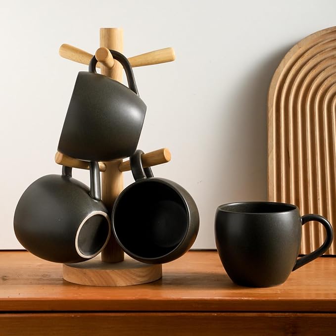 Coffee Mugs Set of 4, Black 16 oz Coffee Mugs for Latte Cappuccino Cocoa and Tea, Ceramic Coffee Cups With Handle,Stoneware Mugs for Housewarming Gifts, Microwave＆Dishwasher Safe