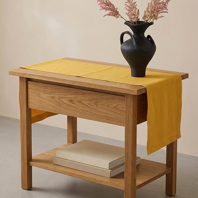 Solino Home Linen Mustard Yellow Table Runner 60 Inches - 100% Pure Linen Farmhouse Short Table Runner 14 x 60 Inch Ideal for Dresser and Coffee Tables, Spring, Summer - Fete