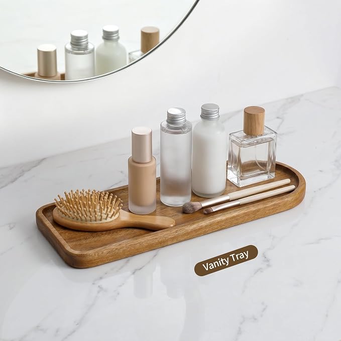 Small Wooden Tray | Acacia Wood Tray for Vanity, Bathroom Counter, Coffee Table & Toilet | Perfect for Jewelry, Remote, Keys & Catch All | Mini Charcuterie Board Serving Platter (Racetrack-Shaped)