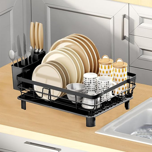 GAXmi Dish Drying Rack with Drainboard for Kitchen Countertop 1-Tier Black | With utensil holder, Over the sink, Quick drainage, Space-saving, Large capacity