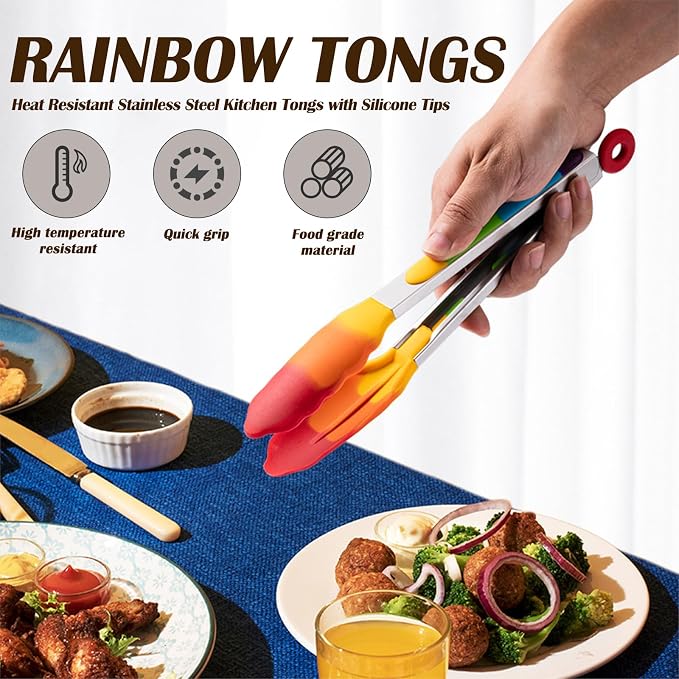 Rainbow Tongs for Cooking, Heat Resistant Stainless Steel Kitchen Tongs with Silicone Tips, 9 & 12 Inch Silicone Tongs, Set of 2