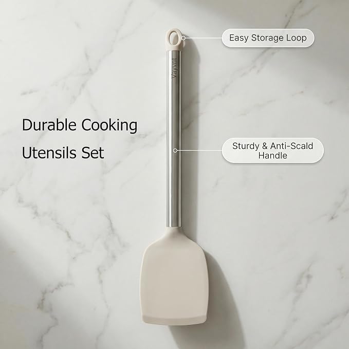 Vayvnt 4PCS Silicone Kitchen Cooking Utensils Set for Nonstick Pan, Khaki | Slotted Solid Turner Spoon, Stainless Steel Handle, Heat Resistant Up to 480℉, Non-toxic, Odorless, Dishwasher Safe