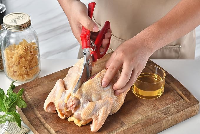 Heavy Duty Poultry Shears - Kitchen Scissors for Cutting Chicken, Poultry, Game, Meat - Chopping Vegetable - Spring Loaded - Red