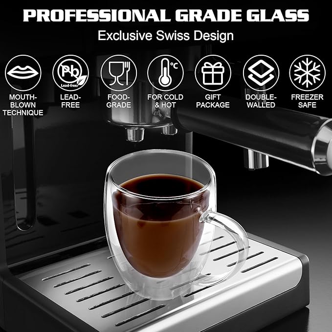 Clear Glass Double Wall Insulated Round Coffee Mugs Set of 6 Pieces - Medium Size 12oz Best Reusable Coffee Mug for Home Cafe Restaurant Perfect for Espresso Capucinno Lungo Latte Coffee