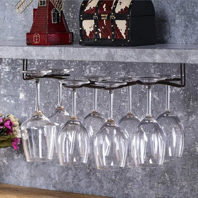 Under Cabinet Wine Glass Rack Stemware Holder,Holds up to 8 Glasses Vintage Style Stainless Steel Wall-Mounted Hanging Wine Glass Hanger For Bar Home Cafe,Oil Rubbed Bronze