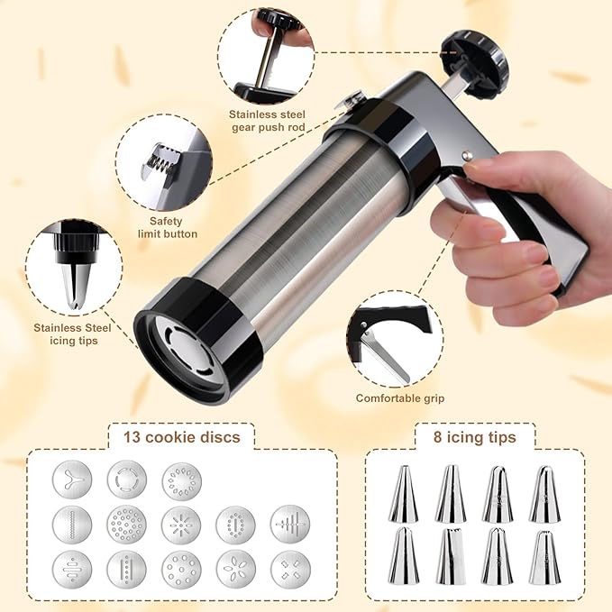 Cookie Press Gun Kit, Stainless Steel Spritz Cookie Press with 13 Discs & 8 Icing Piping Tips, Baking Cookie Maker, Icing Decorating Gun for Cookies Cakes Pastry Dessert Baking Decoration