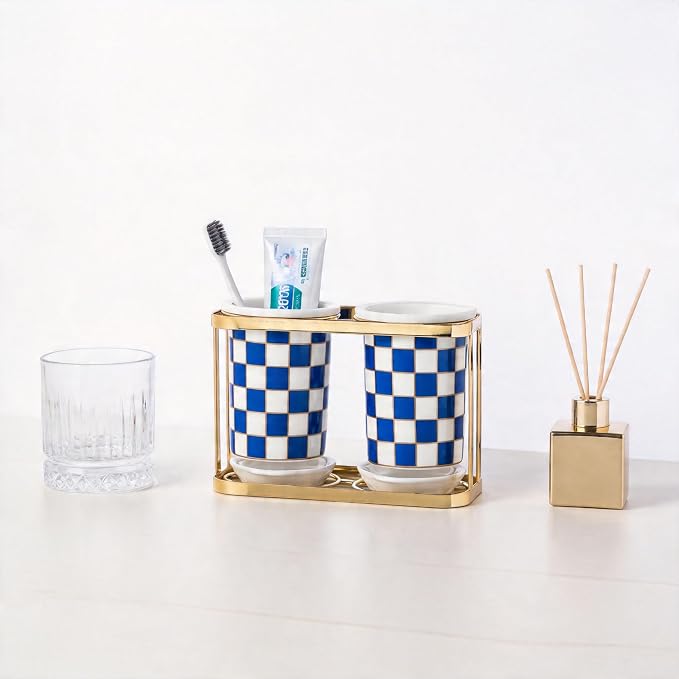 Multi-functional Ceramic Checkered Utensil Crocks,Kitchen Utensil Storage, Bathroom Checkered Bathroom Toothbrush Holder, Flatware Organizer & Home Accessory