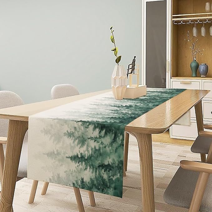 Forest Table Runner, Vintage Rustic Natural Green Watercolour Misty Pine Tree Grove Table Decor Table Top Dining Kitchen Wedding Party 13x70 in