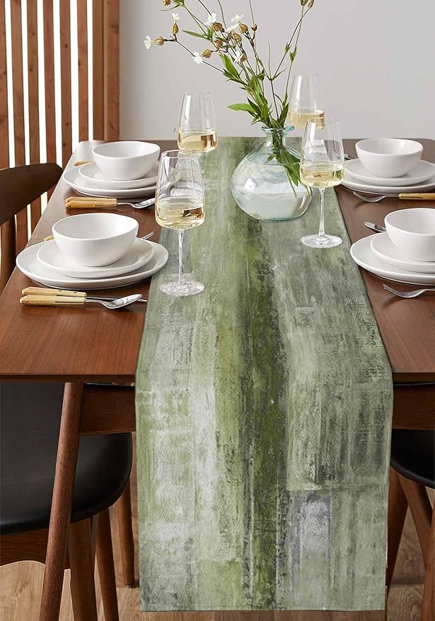 Sage Green Table Runner - 72 Inch Long, Oil Modern Paintings Abstract Kitchen Dining Table Runner Dresser Scarves, Geometric Artwork Grey Green Tablerunner for Coffee Table Wedding Party, 16x72 in