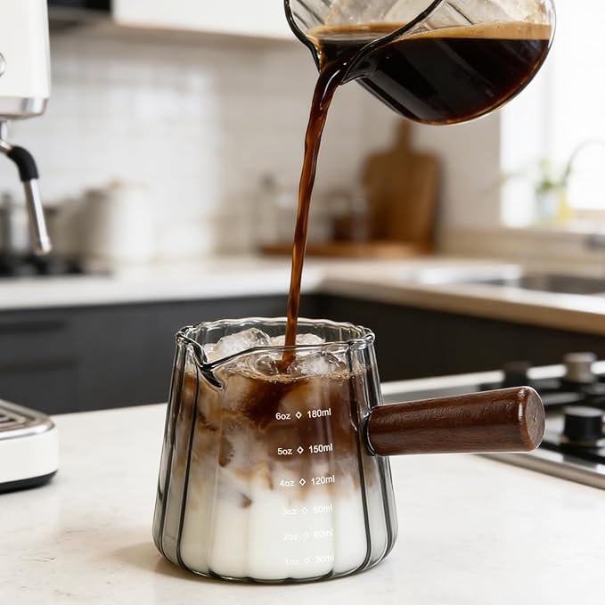 2Pcs Espresso Shot Glass, 6oz Espresso Cups with 2Pcs Coffee Measuring Spoon, Expresso Shot Cup with V-Shape Mouth, Milk Frothing Pitcher, Glass Measuring Cup Expresso Accessories (Grey)