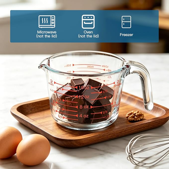 KOMUEE 4 Pieces Glass Measuring Cups Set | 5 Oz, 1-Cup, 2-Cup, 4-Cup Liquid Measuring Cups with Lids for Kitchen, Freezer and Microwave Safe