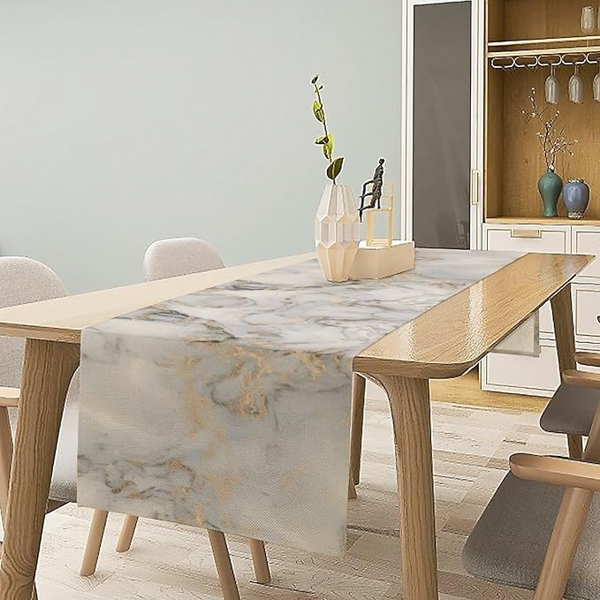 Marble Table Runner, White Grey and Gold Modern Luxury Texture Printed Linen Table Runners for Home Farmhouse Kitchen Dining Room Party Holiday Decor 13" W x 60" L
