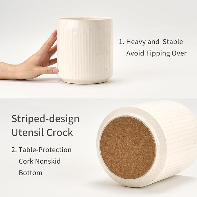 JIEMEI HOME Kitchen Utensil Holder, 7.2" Large Ceramic Stable Utensil Crock for Countertop, Utensil Organizer with Cork Mat, Removable Bamboo Divider for Easy, Kitchen Decor, Aged Ivory Speckle