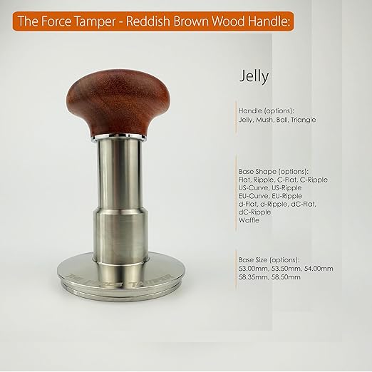 KuGuo The Force Tamper Automatic Impact Adjustable Constant Pressure and Autoleveling Coffee Tamper Reddish Brown Jellyfish Wooden Handle Set Pro (Standard Set, 53.50mm)