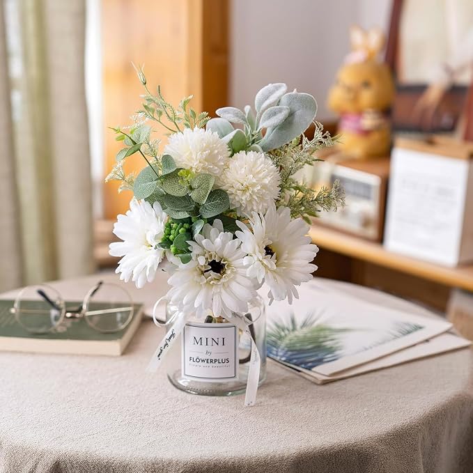LADADA White Artificial Daisy Flower Set Glass Vase Table Centerpiece Home Decor