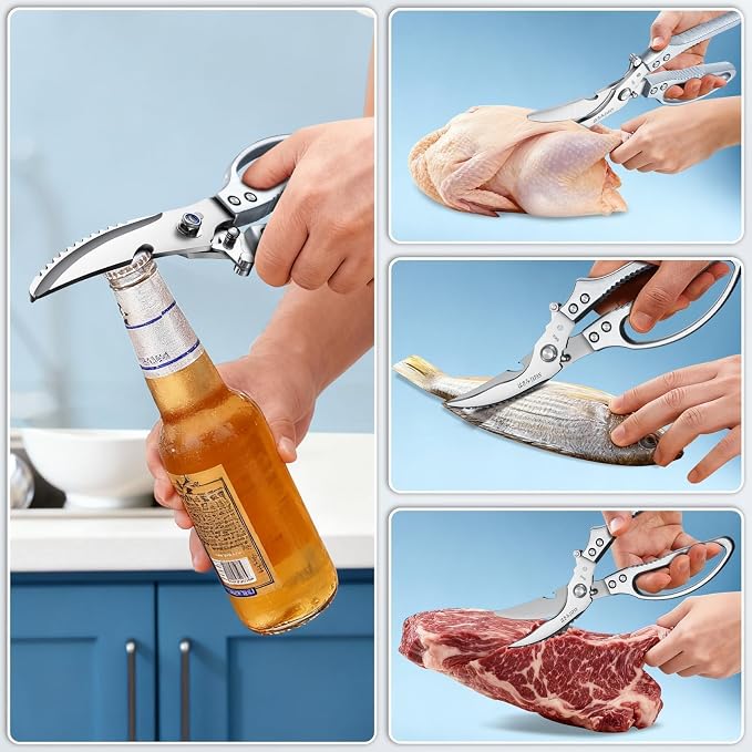 HUUSK Silver Kitchen Scissors Set - Heavy Duty Kitchen Shears for Poultry & Sharp Seafood Scissors for Crab, Shrimp, Lobster, Nuts - Christmas Gift for Men and Women