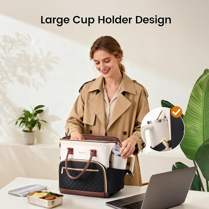 LOVEVOOK Lunch Bag Women, Insulated Adult Lunch Box for Women Work, Wide Opening Leakproof Cooler Tote Bag for Office Campus Picnic Beach with Shoulder Strap, Loncheras Para Mujer with Cup Holder