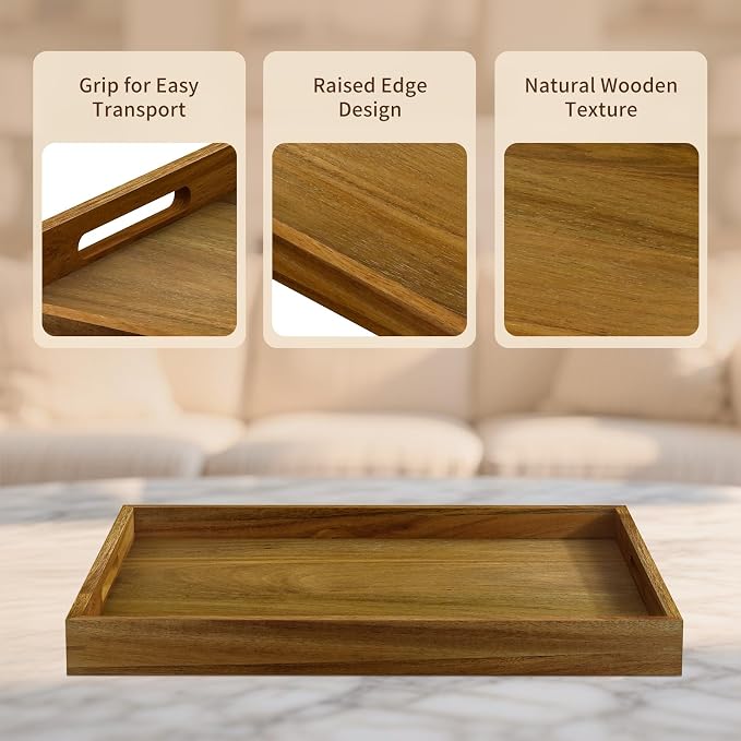 17 inch Acacia Wood Serving Tray with Handles, Decorative Display Tray for Coffee Table, Breakfast in Bed, Food Dinner