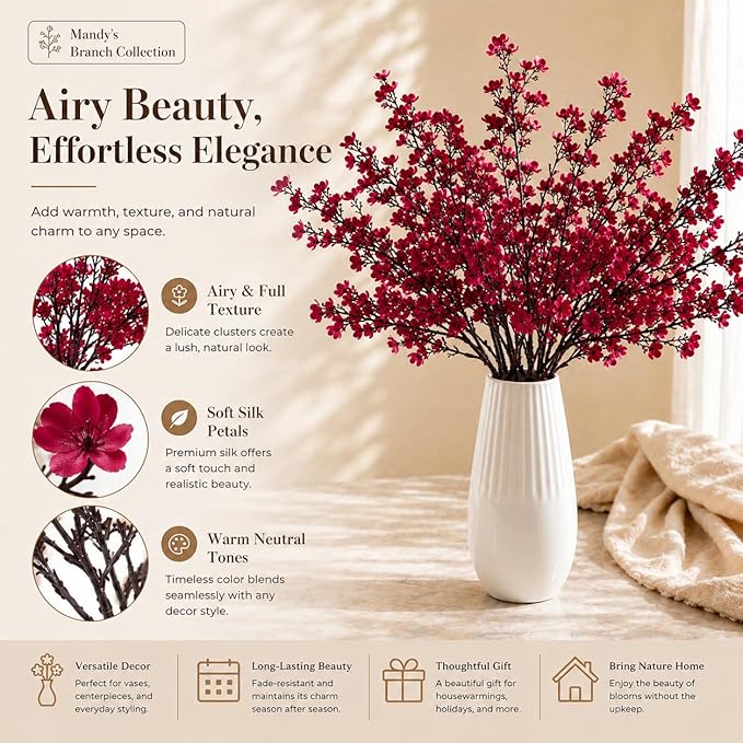 Mandy's Burgundy Artificial Baby’s Breath Flowers 15 Bundles Silk Gypsophila, 18.5 Inch European Style Modern Home Decor Centerpiece, Neutral Wedding Flower Arrangements