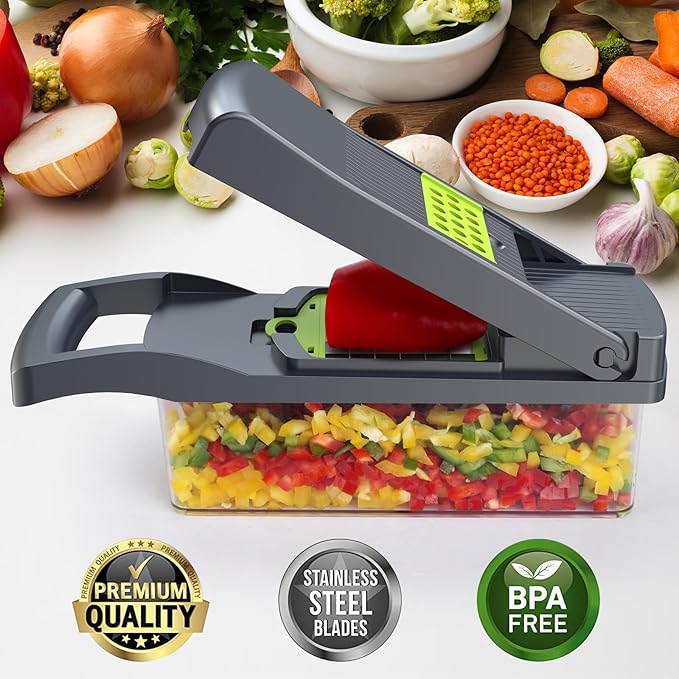 Vegetable Chopper Pro, Mandoline Slicer – 7 Stainless Steel Blades for Onion, Potato, Salad – Safe, Easy Clean & Dishwasher Safe Kitchen Gadget – Ideal for Parents, RV