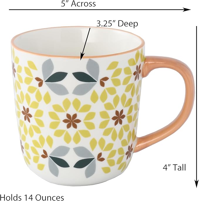 Floral Pattern Ceramic Coffee Mugs, Bone China Tea Cups with Yellow and Gray Design, Taupe Handle, Set of 4