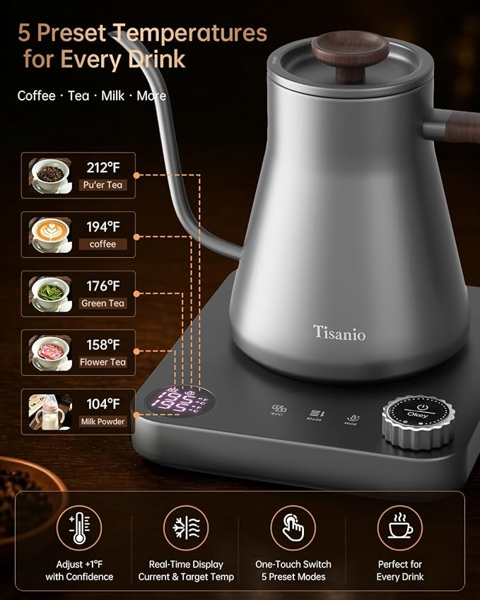 Gooseneck Electric Kettle for Pour Over Coffee, ±1°F Precision Control, Smart Two-Stage Heating, 2-Hour Keep Warm, 0.9L Stainless Steel, Gray Wood Handle