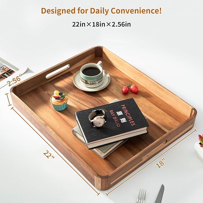 Large Wooden Ottoman Tray Great Rectangle Trays for Big Ottoman 22"x18" Coffee Table Tray for Kitchen Huge Wood Serving Tray with Round Corner for Living Room Decor Centerpiece Organizer
