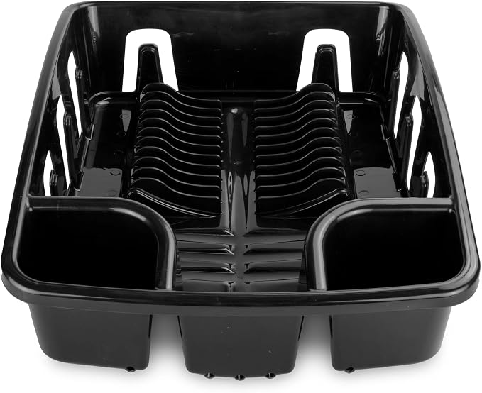 Dish Drying Rack with Drainboard Set, All-in-1 Kitchen Dishrack with Inclined Base for Quick Water Drainage, Black Plastic Dish Drainer