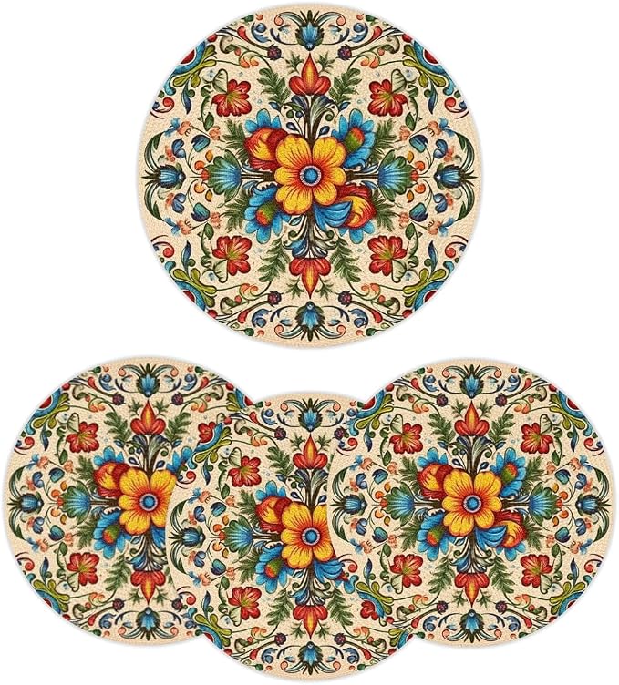 Round Placemats Set of 4, Carpet Pattern Woven Placemats Mats Non-Slip Heat Resistant Washable Table Mats Round Braided Place for Farmhouse Kitchen Dining Party Decor 15in