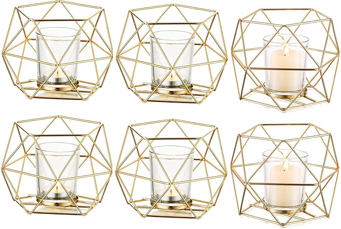 Hewory Geometric Tealight Candle Holders Gold, Modern Metal Geo Wedding Centerpieces for Table, Votive Candle Stand Accent for Tea Light for Home Shelf Mantel Christmas Birthday Party Decor, 6pcs