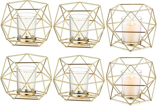 Hewory Geometric Tealight Candle Holders Gold, Modern Metal Geo Wedding Centerpieces for Table, Votive Candle Stand Accent for Tea Light for Home Shelf Mantel Christmas Birthday Party Decor, 6pcs