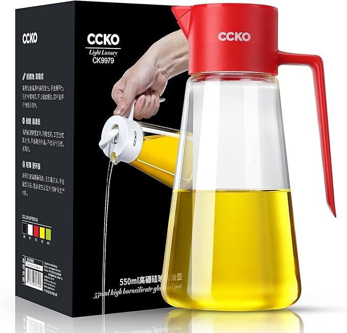 CCKO Glass Olive Oil Dispenser Bottle 19oz Olive Oil Bottle for Kitchen, Auto Flip Drip Free Cooking Oil Dispenser for Soy Sauce, Syrup, Vinegar, Salad Dressing Container (White)