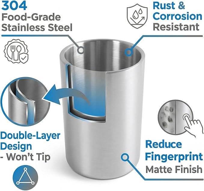 Kitchen Utensil Holder for Countertop, 304 Stainless Steel Double Wall Cooking Tool Caddy, Brushed Finish Spatula Spoon Organizer Crock, Large Capacity, Silver