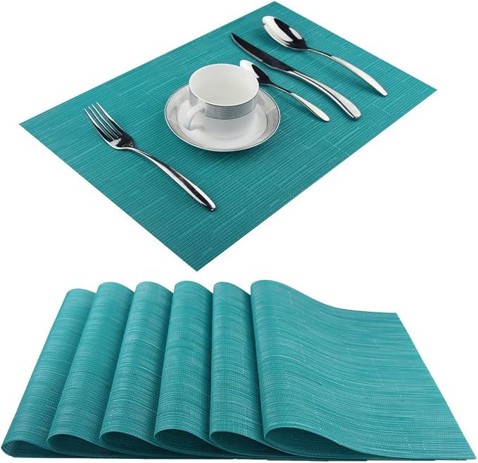 Plastic Placemats,Non Slip Washable Placemats for Dining Table Wipe Clean Table Mats Set of 6 (Cyan Blue)
