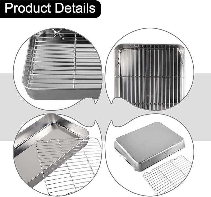 Stainless Steel Baking Pan Tray Set with Cooling Rack for Baking Roasting BBQ Cookies Vegetables Cakes Dishwasher Safe Oven Safe Rust-Resistant Mirror Finish Suitable Size for Kitchen Use(31x24x5cm)