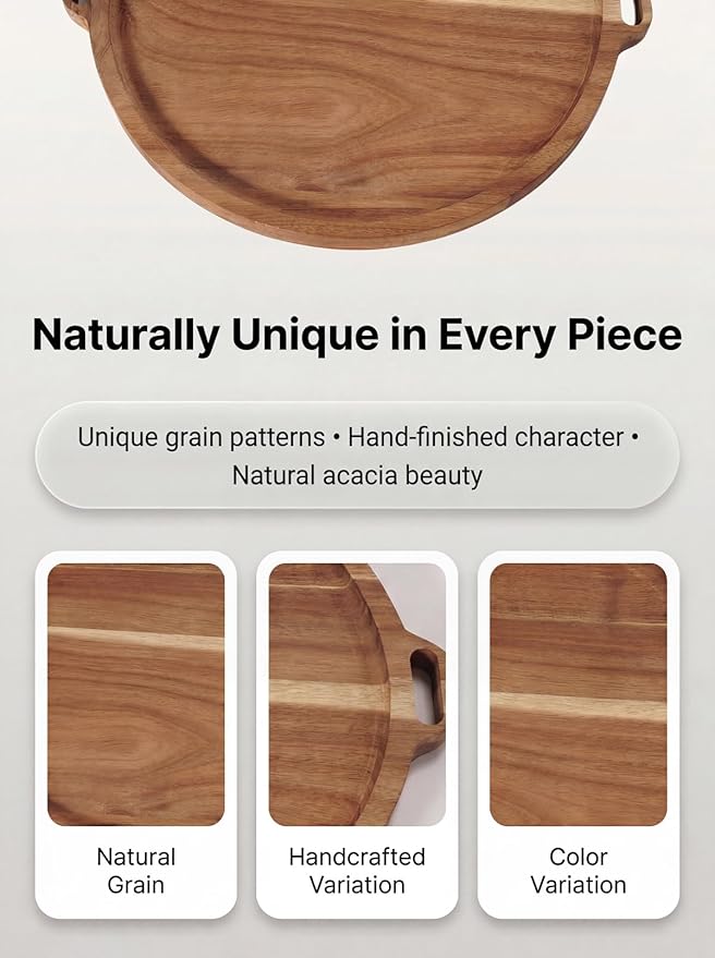 Premium Acacia Wood Round Charcuterie Board, 13 Inch Snack Board with Side Handles, Wooden Cheese Board and Serving Platter for Appetizers, Bread, Fruit and Snacks