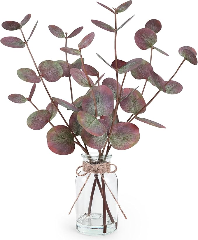Artificial Eucalyptus Stems in Glass Vase with Faux Water, 14" Fake Plants for Home Decor, Coffee Table Centerpieces, Office, Bathroom & Farmhouse Weddings - Faux Plants Decorations