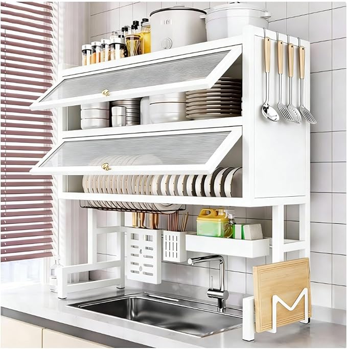 Over The Sink Dish Drying Rack, 3-Tier Stainless Steel with Cover & Knife Holder, Space-Saving Drain Rack for Kitchen Sink, Organizer for Dishes, Glasses, Bowls, Cutlery(White,85cm/33.5in)