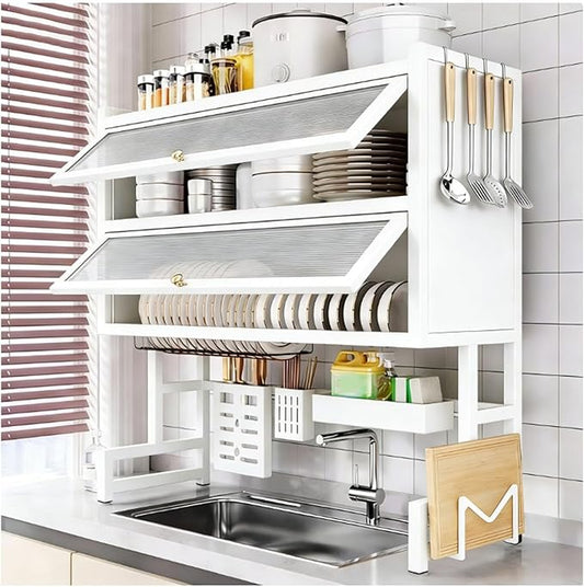 Over The Sink Dish Drying Rack, 3-Tier Stainless Steel with Cover & Knife Holder, Space-Saving Drain Rack for Kitchen Sink, Organizer for Dishes, Glasses, Bowls, Cutlery(White,85cm/33.5in)