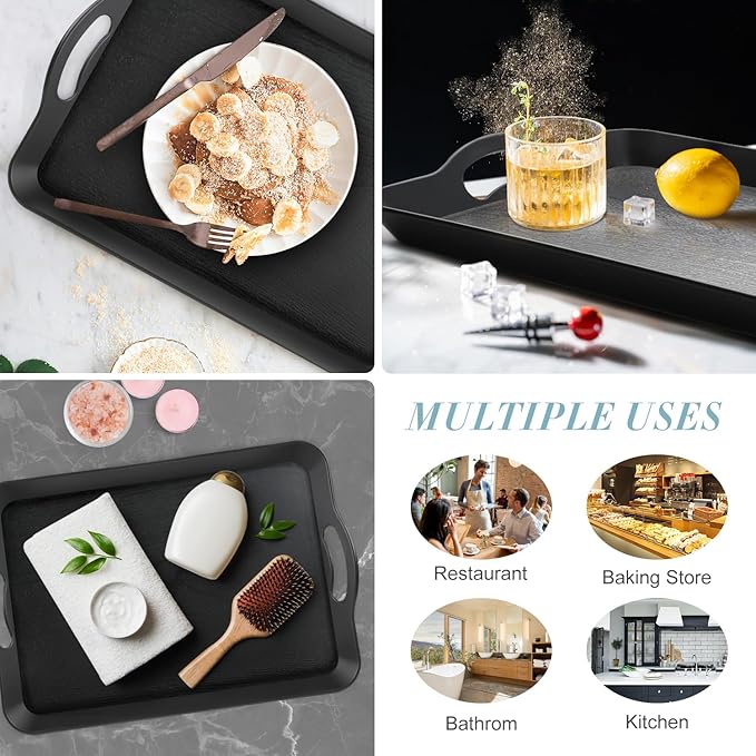 Black Serving Trays with Handles, 16 x 11 inch Rectangular Non Skid Multi-Purpose Plastic OttomanTray for Restaurant, Parties, Coffee Table, Kitchen