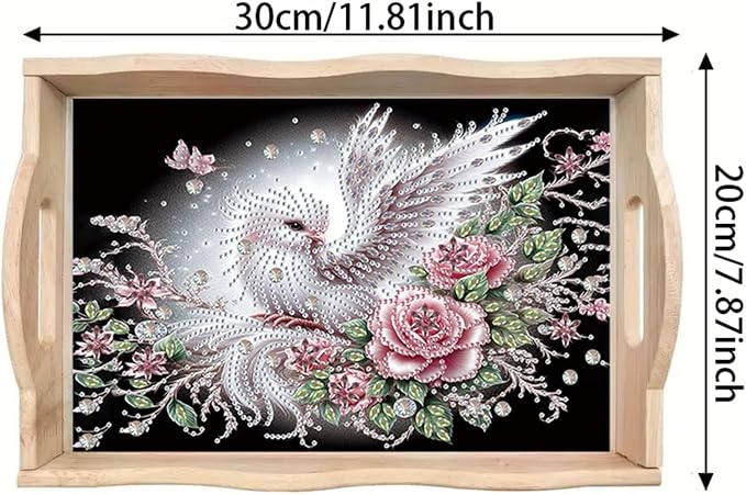 DIY Diamond Serving Tray with Handle Handmade Diamond Art Painting Wooden Rectangular Breakfast Tray for Dinner Plate Coffee Room Living Home Organizer-Bird