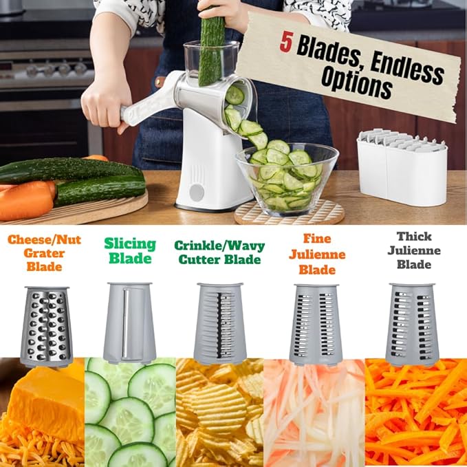 Rotary Cheese Grater - Vegetable Slicer Hand Crank, Fruit Cutter, Carrot Shredder, Nuts Grinder with 5 Stainless Steel Blades - Safe & Strong Suction Base with Handle