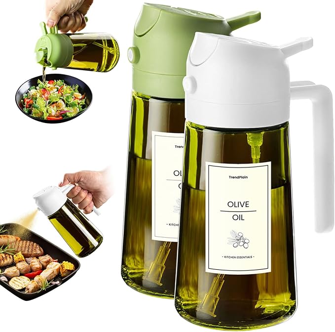 TrendPlain - 16oz Olive Oil Dispenser for Kitchen - 2 in 1 Olive Oil Dispenser and Oil Sprayer - Olive Oil Dispenser Bottle w/Stickers - Olive Oil Sprayer for Cooking 2Pcs White&Green (Light Blockage)