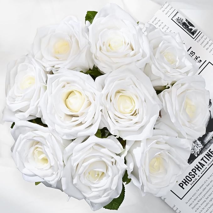 BLEUM CADE Luxury PU Fake Flowers in Vase with Faux Water, White Real Touch Roses Artificial Flowers with Glass Vase for Office Home Dining Room Centerpiece Table Decorations