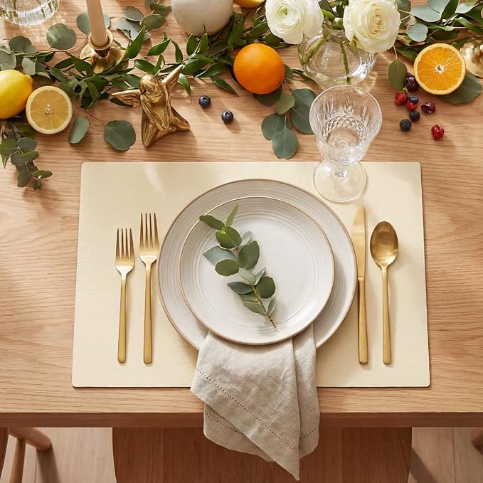 Artoid Mode Beige Faux Leather Placemats Set of 4, 12x18 Inch Waterproof Wipeable Heat Resistant Vinyl Place Mats, Reversible Table Mats for Kitchen Dining Decor