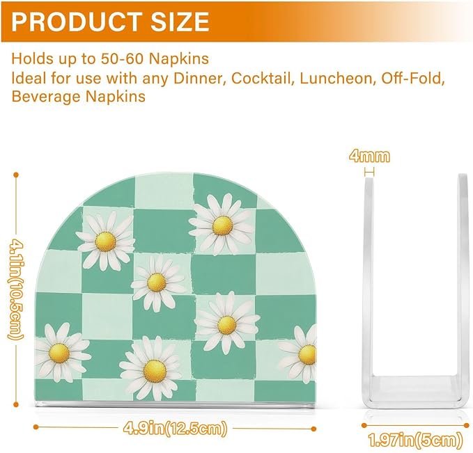 Fustylead Mint Green Checkered Daisy Flower Napkin Holder for Table Acrylic Vertical Napkin Holders for Paper Napkins Decor Napkin Dispenser for Home Party Dining Cocktail Kitchen Accessories