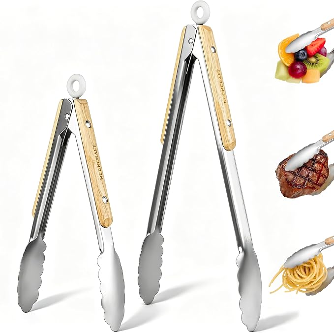 9+12 inch Stainless Steel Kitchen Tongs for cooking with Wood Handle, Set of 2
